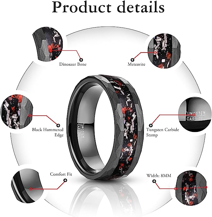 Genuine Carbide Tungsten Color: BLACK Dinosaur Bone and Meteorite Inlay Hammered 8mm RING Polished Shiny Comfort Fit Wedding Band Size Size 7-12