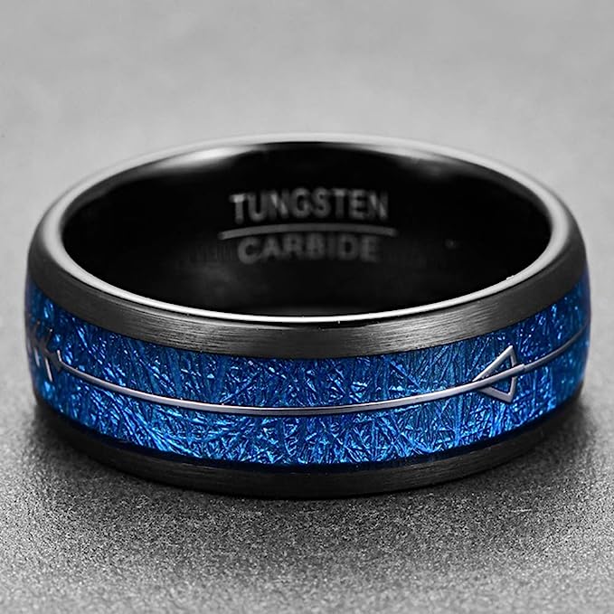 Genuine Carbide Tungsten Color: Black with Blue Imitated Meteorite and Arrows Center Inlay 8mm RING Polished Shiny Comfort Fit Wedding Band Size Size 7-12