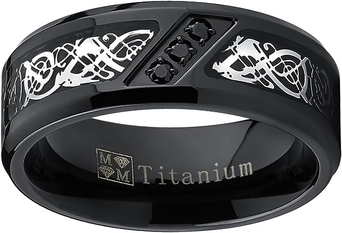 Genuine Titanium Black Fiber inlay CZ Silver Dragon Carbon 8mm Wide Ring  High Polished Comfort Fit.