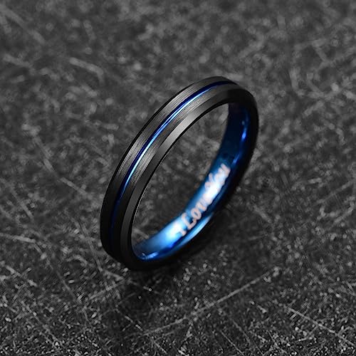 Genuine Tungsten Carbide 4mm Ring - Brushed matte finish, thin blue line and beveled edge  Comfort Fit Size 6-15