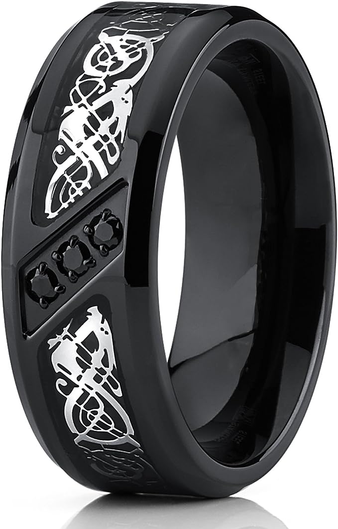 Genuine Titanium Black Fiber inlay CZ Silver Dragon Carbon 8mm Wide Ring  High Polished Comfort Fit.