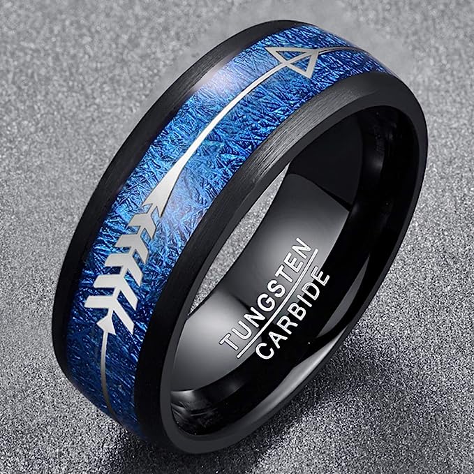 Genuine Carbide Tungsten Color: Black with Blue Imitated Meteorite and Arrows Center Inlay 8mm RING Polished Shiny Comfort Fit Wedding Band Size Size 7-12