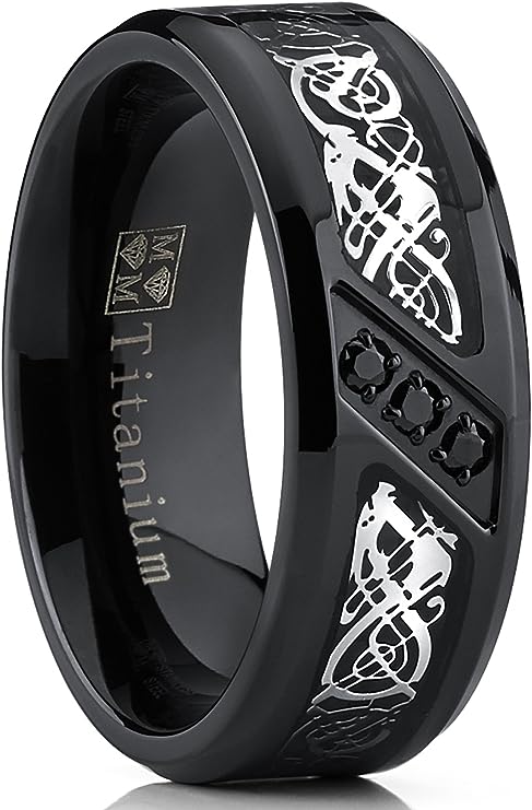 Genuine Titanium Black Fiber inlay CZ Silver Dragon Carbon 8mm Wide Ring  High Polished Comfort Fit.