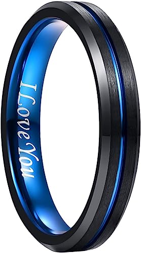 Genuine Tungsten Carbide 4mm Ring - Brushed matte finish, thin blue line and beveled edge  Comfort Fit Size 6-15