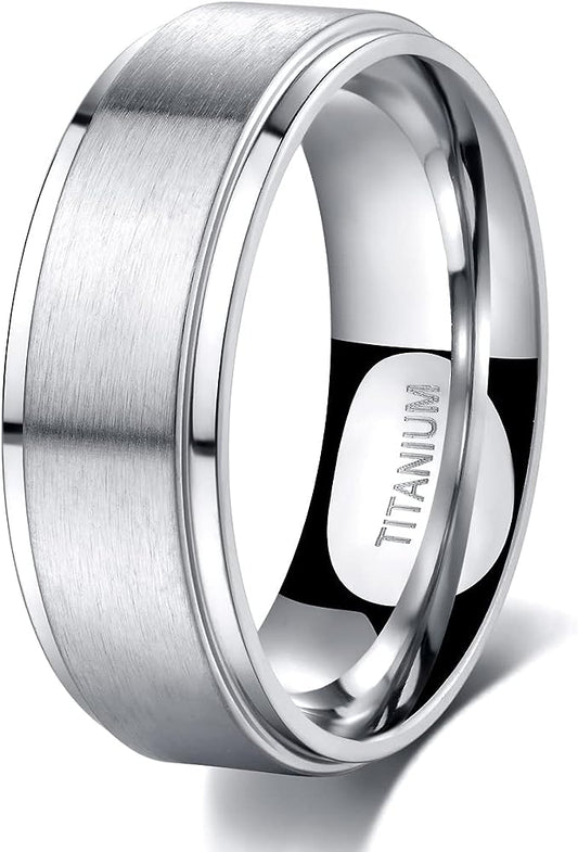 Genuine Titanium Silver Brushed 8mm Wide Stepped Beveled Edges  Ring Wedding Band High Polished Comfort Fit.