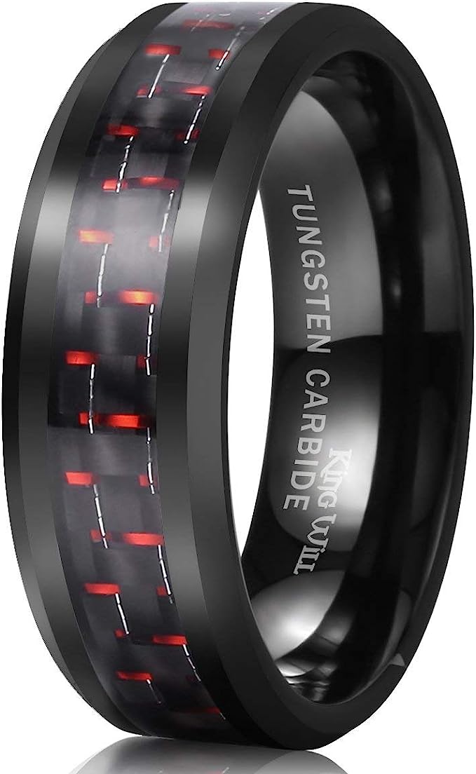 Genuine Carbide Tungsten Color: 8mm Black Red Carbon fiber Inlay High polished inner-face design smooth and shiny. Comfort Fit Wedding Band Size 6-15