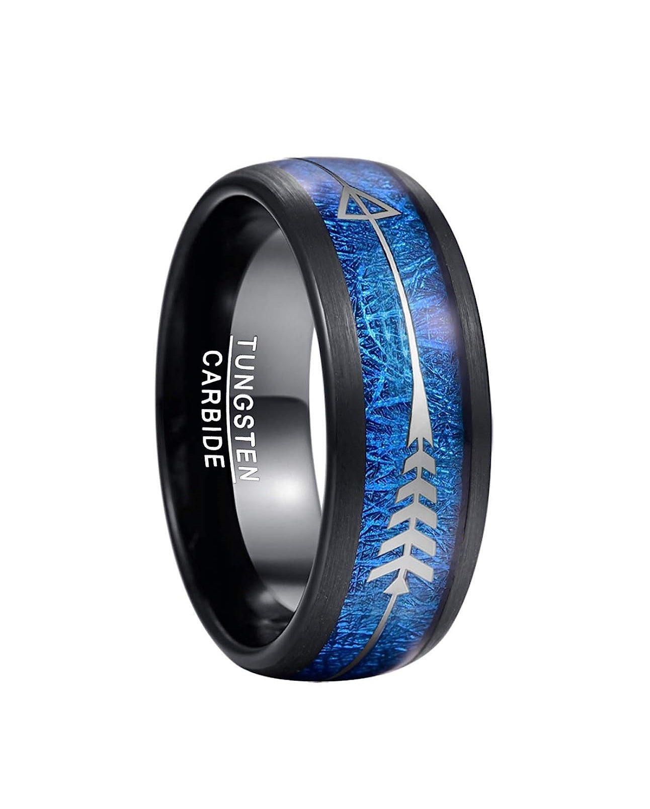 Genuine Carbide Tungsten Color: Black with Blue Imitated Meteorite and Arrows Center Inlay 8mm RING Polished Shiny Comfort Fit Wedding Band Size Size 7-12