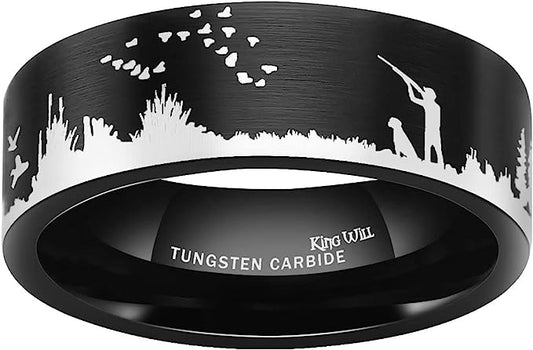 Genuine Carbide Tungsten Color: Black 8mm Laser Hunting Mountain Tree Forest Landscape Comfort Fit 8mm Gorgeous Stunning Polished Shiny Comfort Fit Wedding Band Size Size 6-15