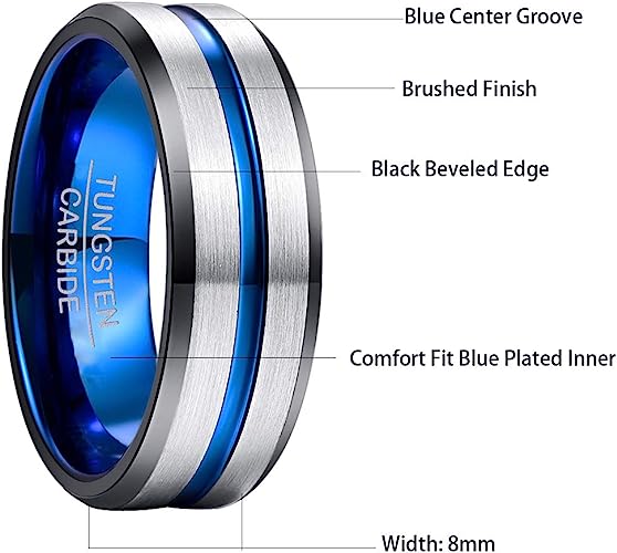 Genuine Tungsten Carbide 8mm Ring - Brushed Silver Band Blue Thin Groove Line Comfort Fit Size 6-15