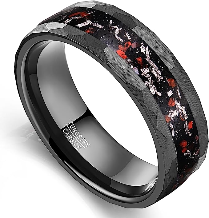 Genuine Carbide Tungsten Color: BLACK Dinosaur Bone and Meteorite Inlay Hammered 8mm RING Polished Shiny Comfort Fit Wedding Band Size Size 7-12