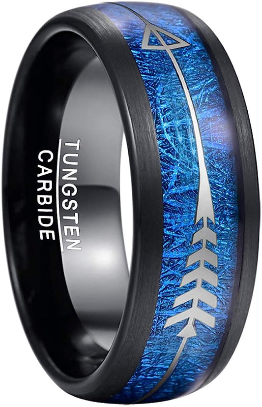 Genuine Carbide Tungsten Color: Black with Blue Imitated Meteorite and Arrows Center Inlay 8mm RING Polished Shiny Comfort Fit Wedding Band Size Size 7-12