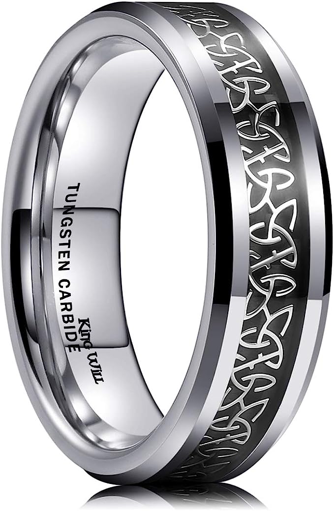 Genuine Carbide Tungsten Color: SILVER Celtic Dragon GRAY Fiber Inlay 6mm RING Polished Shiny Comfort Fit Wedding Band Size Size 6-15