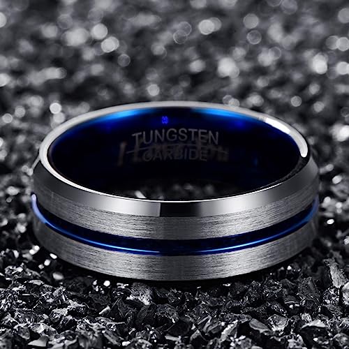 Genuine Tungsten Carbide 8mm Ring - Brushed Silver Band Blue Thin Groove Line Comfort Fit Size 6-15