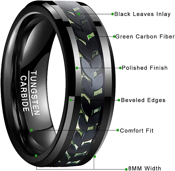 Genuine Carbide Tungsten Color: BLACK Black Leaves Green Carbon Center Inlay 8mm RING Polished Shiny Comfort Fit Wedding Band Size Size 7-12