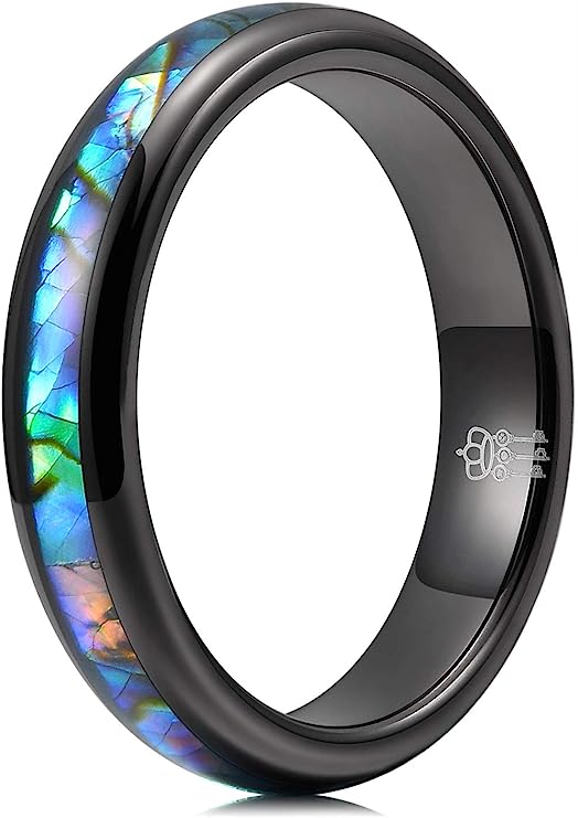 Genuine Carbide Tungsten Color:  BLACK 4mm RING Abalone Shell Inlay Polished Shiny Comfort Fit Wedding Band Size 6-15