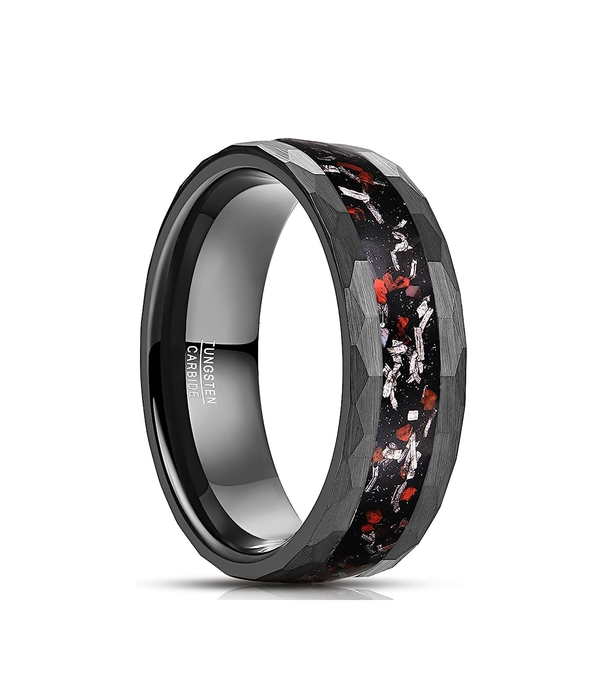 Genuine Carbide Tungsten Color: BLACK Dinosaur Bone and Meteorite Inlay Hammered 8mm RING Polished Shiny Comfort Fit Wedding Band Size Size 7-12