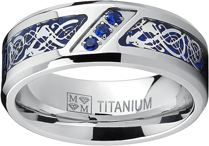 Genuine Titanium Silver Blue Fiber inlay CZ Dragon Carbon 8mm Wide Ring  High Polished Comfort Fit.