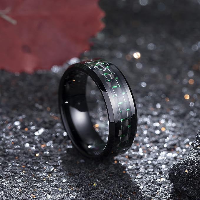 Genuine Carbide Tungsten Color: 8mm Black Green Carbon fiber Inlay High polished inner-face design smooth and shiny. Comfort Fit Wedding Band Size 6-15