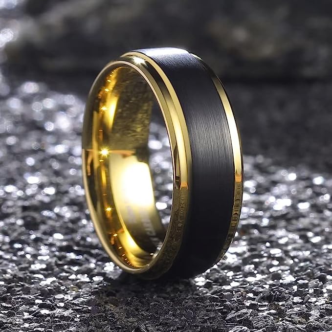 Genuine Carbide Tungsten Color: 8mm Black Brushed Gold Inner Black high polished inner-face design smooth and shiny. Comfort Fit Wedding Band Size 6-15