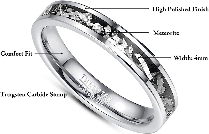 Genuine Carbide Tungsten Color:  SILVER 4mm Meteorite Inlay Polished Shiny Comfort Fit Wedding Band Size 6-15