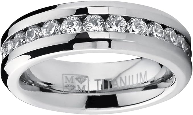 Genuine Titanium Silver 6mm Wide Ring Cubic Zirconia Eternity High Polished Comfort Fit.