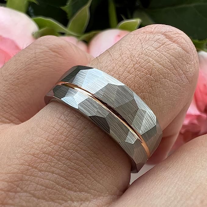 Genuine Carbide Tungsten Color: ROSE GOLD/SILVER Brushed Hammered 8mm RING Polished Shiny Comfort Fit Wedding Band Size 6-15