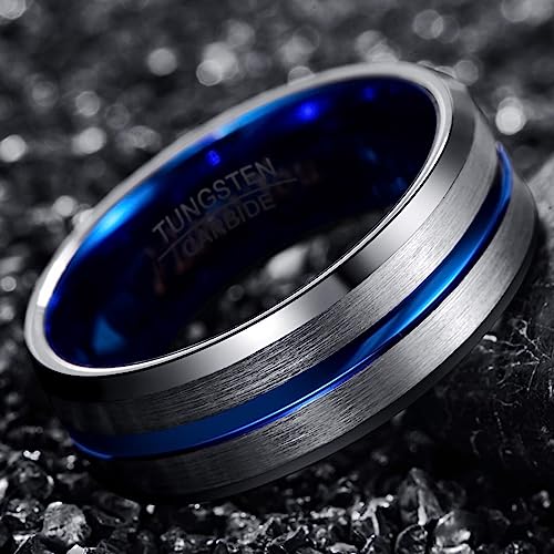 Genuine Tungsten Carbide 8mm Ring - Brushed Silver Band Blue Thin Groove Line Comfort Fit Size 6-15