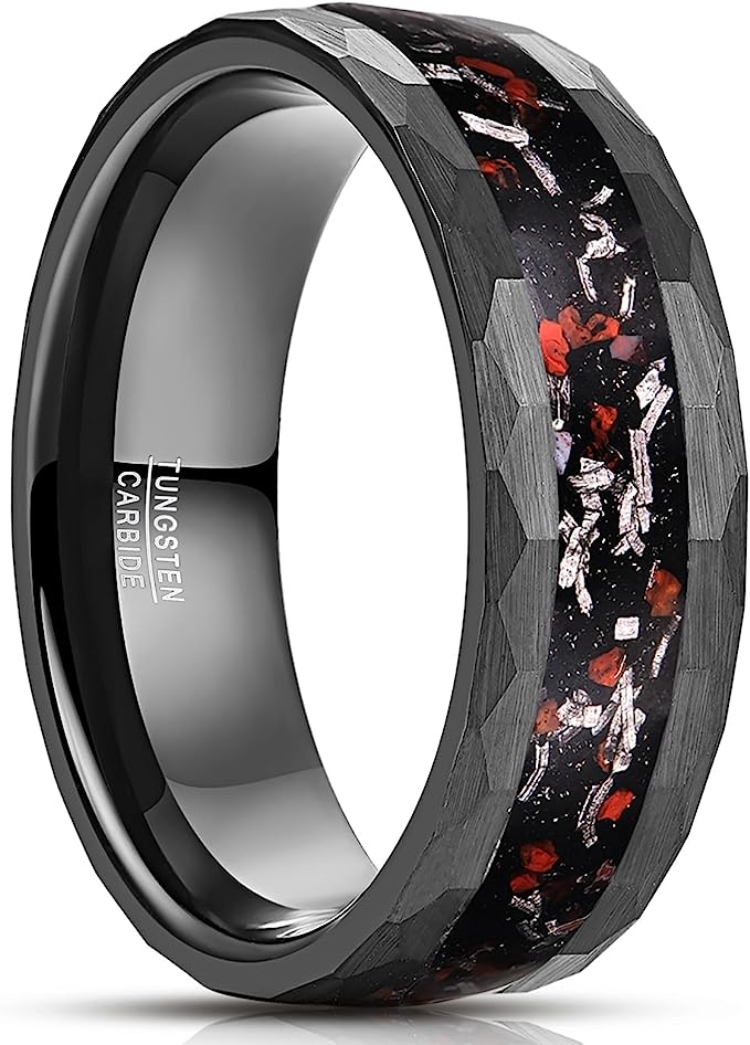 Genuine Carbide Tungsten Color: BLACK Dinosaur Bone and Meteorite Inlay Hammered 8mm RING Polished Shiny Comfort Fit Wedding Band Size Size 7-12