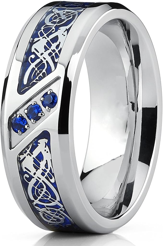 Genuine Titanium Silver Blue Fiber inlay CZ Dragon Carbon 8mm Wide Ring  High Polished Comfort Fit.