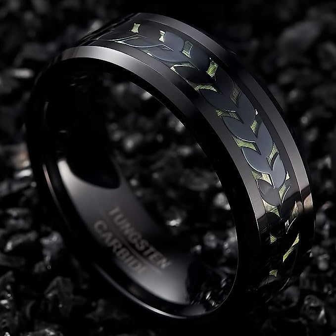 Genuine Carbide Tungsten Color: BLACK Black Leaves Green Carbon Center Inlay 8mm RING Polished Shiny Comfort Fit Wedding Band Size Size 7-12