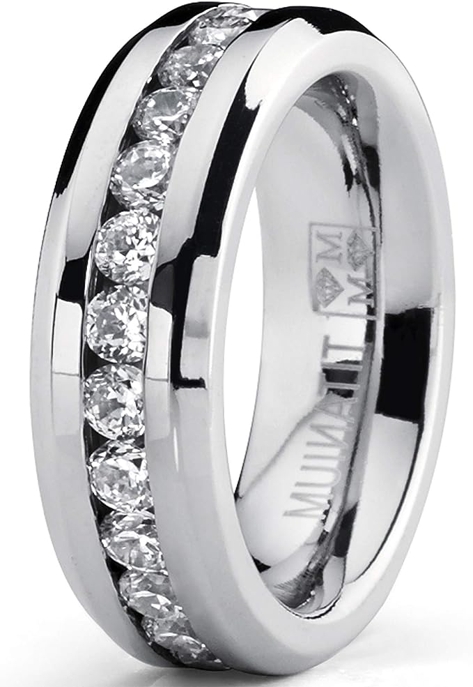 Genuine Titanium Silver 6mm Wide Ring Cubic Zirconia Eternity High Polished Comfort Fit.