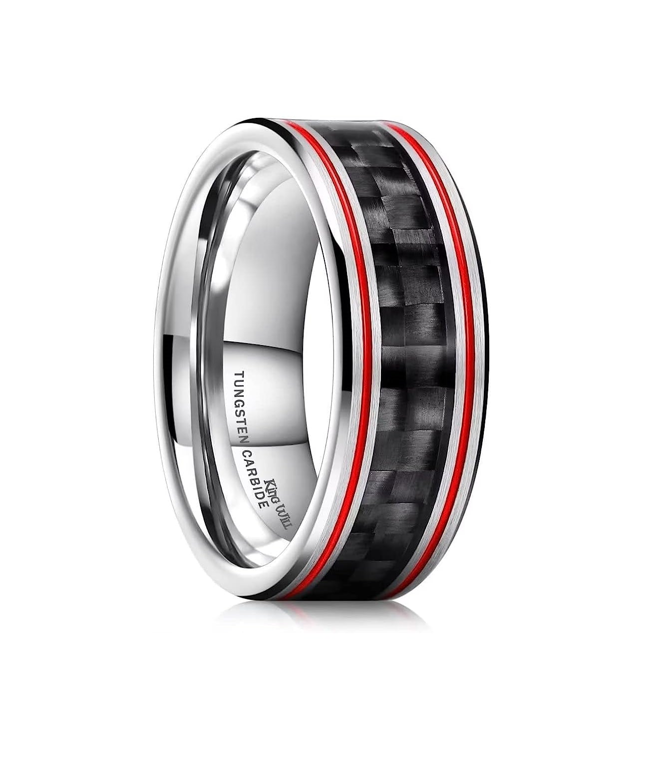 One: Genuine Carbide Tungsten 8mm Ring Silver Red-Groove Fiber with carbon fiber inlay, Comfort Fit wedding band Size 6-15