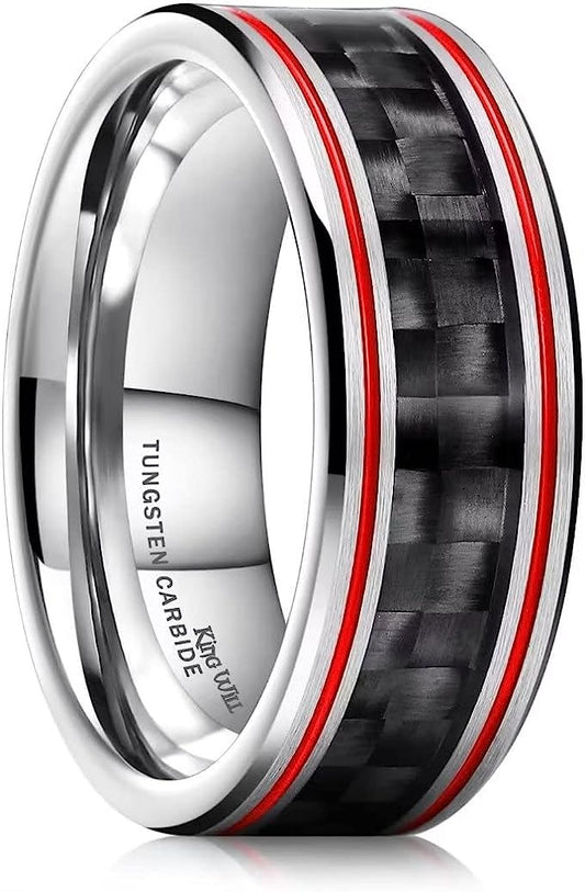 One: Genuine Carbide Tungsten 8mm Ring Silver Red-Groove Fiber with carbon fiber inlay, Comfort Fit wedding band Size 6-15