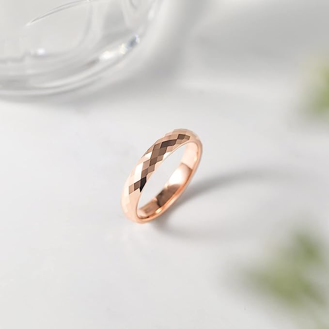 Genuine Carbide Tungsten Color: ROSE GOLD Faceted Edge Center 4mm RING   High Polish inner face makes it smooth and shiny Comfort Fit Wedding Band Size 6-15