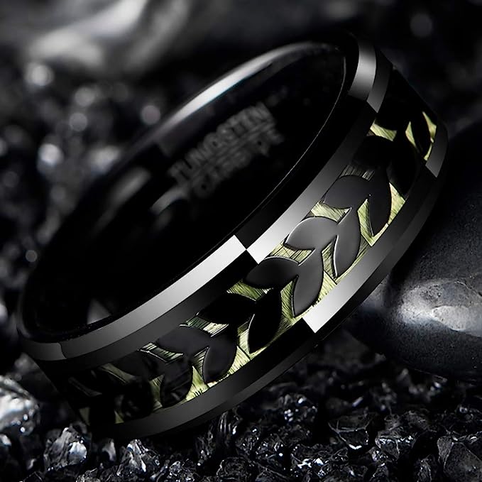 Genuine Carbide Tungsten Color: BLACK Black Leaves Green Carbon Center Inlay 8mm RING Polished Shiny Comfort Fit Wedding Band Size Size 7-12