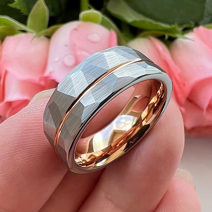 Genuine Carbide Tungsten Color: ROSE GOLD/SILVER Brushed Hammered 8mm RING Polished Shiny Comfort Fit Wedding Band Size 6-15