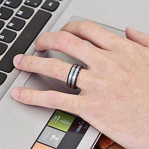 Genuine Tungsten Carbide 8mm Ring - Brushed Silver Band Blue Thin Groove Line Comfort Fit Size 6-15