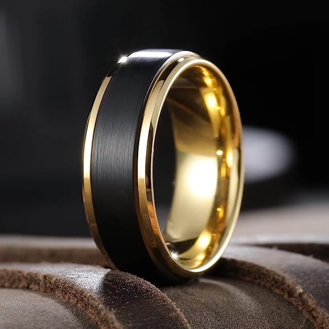 Genuine Carbide Tungsten Color: 8mm Black Brushed Gold Inner Black high polished inner-face design smooth and shiny. Comfort Fit Wedding Band Size 6-15