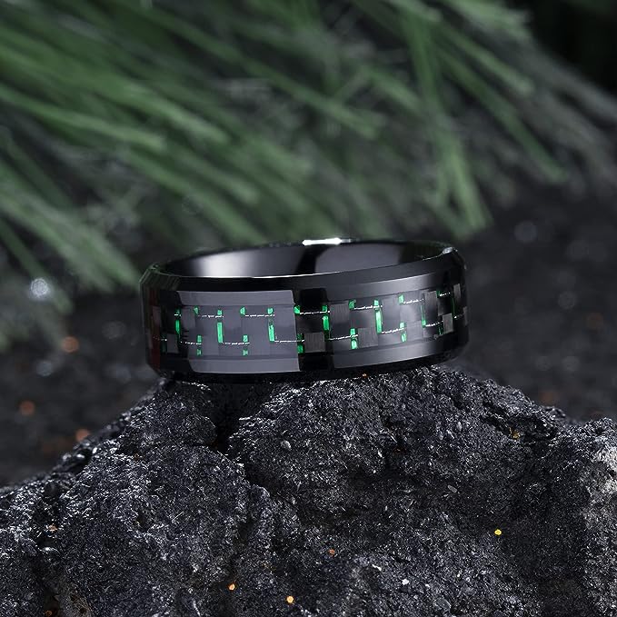 Genuine Carbide Tungsten Color: 8mm Black Green Carbon fiber Inlay High polished inner-face design smooth and shiny. Comfort Fit Wedding Band Size 6-15