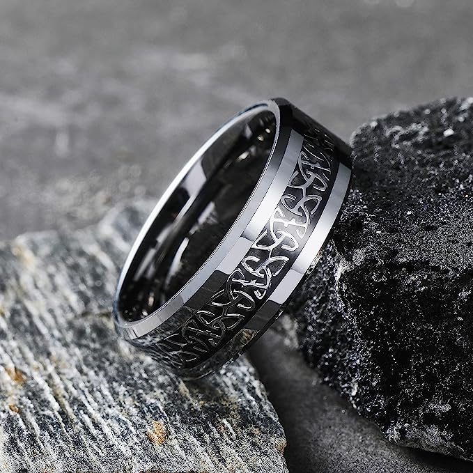 Genuine Carbide Tungsten Color: BLACK Celtic Dragon GRAY Fiber Inlay 8mm RING Polished Shiny Comfort Fit Wedding Band Size Size 6-15