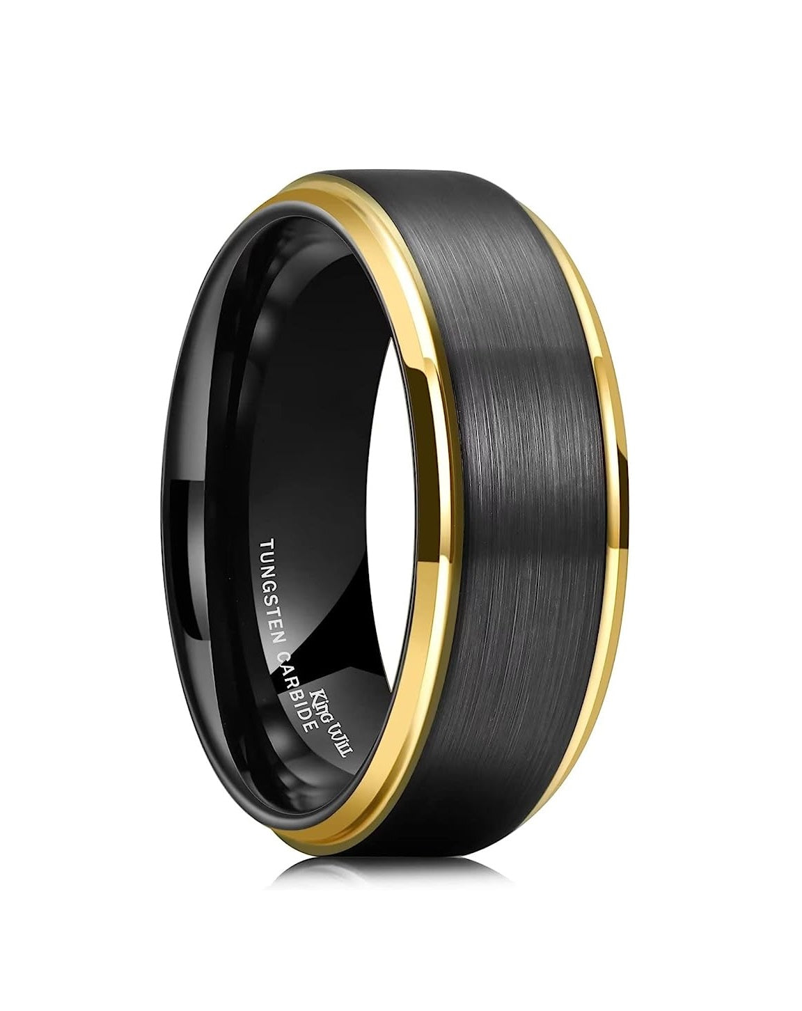 Genuine Carbide Tungsten Color: 8mm Black Brushed Gold Inner Black high polished inner-face design smooth and shiny. Comfort Fit Wedding Band Size 6-15