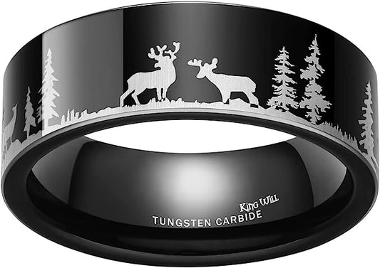 Genuine Carbide Tungsten Color: Black Forest Tree & Deer Family Inlay Comfort Fit 8mm Gorgeous Stunning Polished Shiny Comfort Fit Wedding Band Size Size 6-15