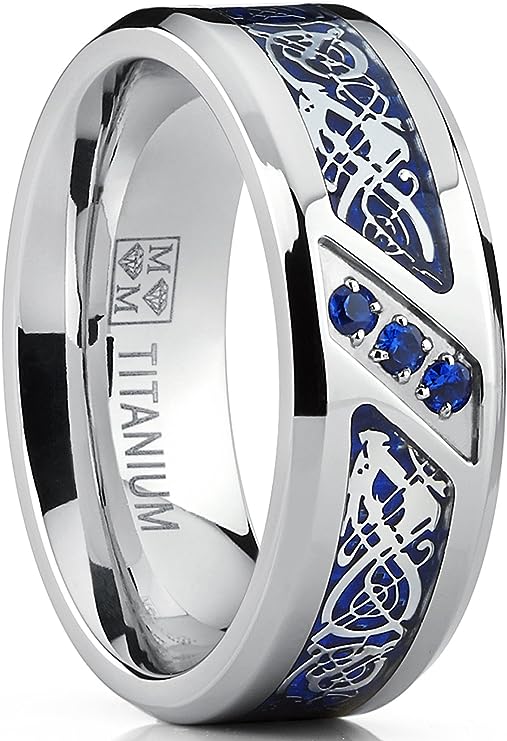 Genuine Titanium Silver Blue Fiber inlay CZ Dragon Carbon 8mm Wide Ring  High Polished Comfort Fit.