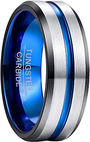 Genuine Tungsten Carbide 8mm Ring - Brushed Silver Band Blue Thin Groove Line Comfort Fit Size 6-15