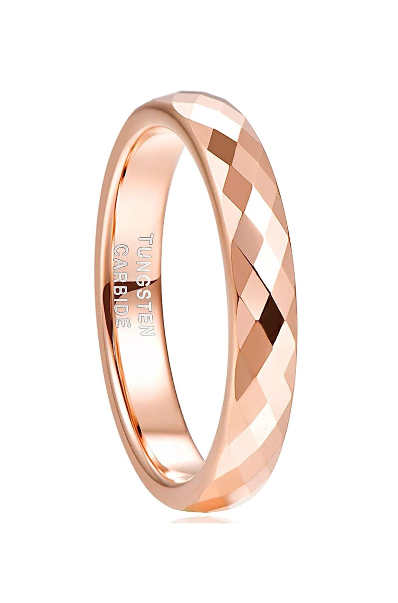 Genuine Carbide Tungsten Color: ROSE GOLD Faceted Edge Center 4mm RING   High Polish inner face makes it smooth and shiny Comfort Fit Wedding Band Size 6-15