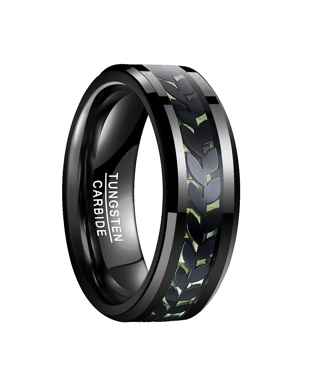 Genuine Carbide Tungsten Color: BLACK Black Leaves Green Carbon Center Inlay 8mm RING Polished Shiny Comfort Fit Wedding Band Size Size 7-12