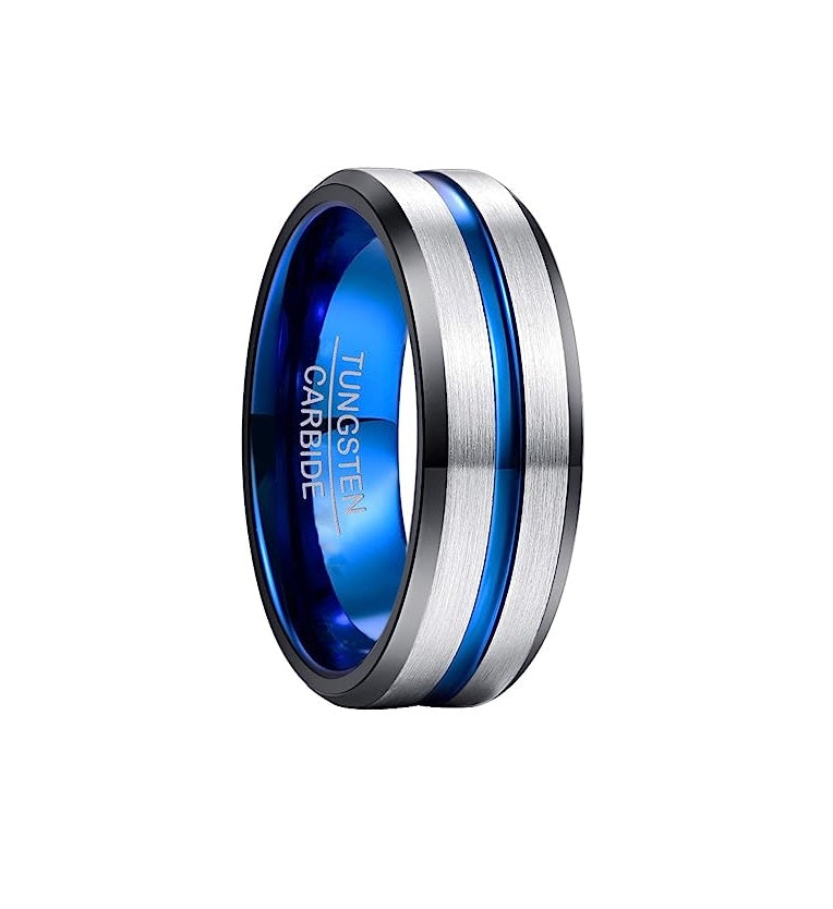 Genuine Tungsten Carbide 8mm Ring - Brushed Silver Band Blue Thin Groove Line Comfort Fit Size 6-15