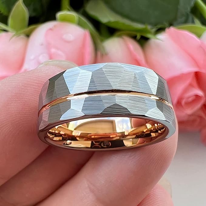 Genuine Carbide Tungsten Color: ROSE GOLD/SILVER Brushed Hammered 8mm RING Polished Shiny Comfort Fit Wedding Band Size 6-15