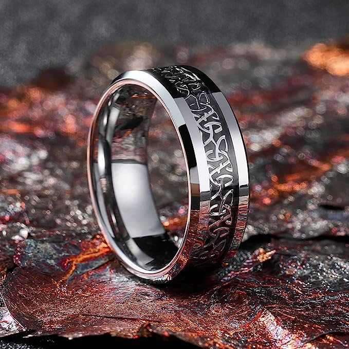 Genuine Carbide Tungsten Color: BLACK Celtic Dragon GRAY Fiber Inlay 8mm RING Polished Shiny Comfort Fit Wedding Band Size Size 6-15