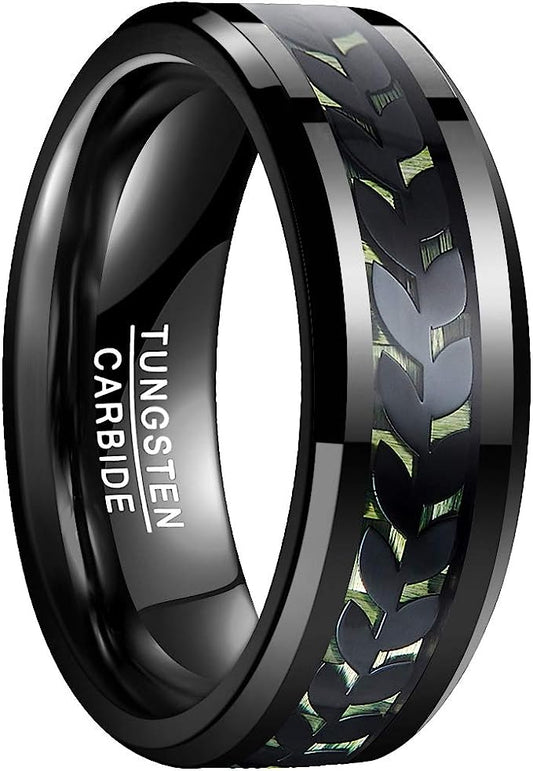 Genuine Carbide Tungsten Color: BLACK Black Leaves Green Carbon Center Inlay 8mm RING Polished Shiny Comfort Fit Wedding Band Size Size 7-12